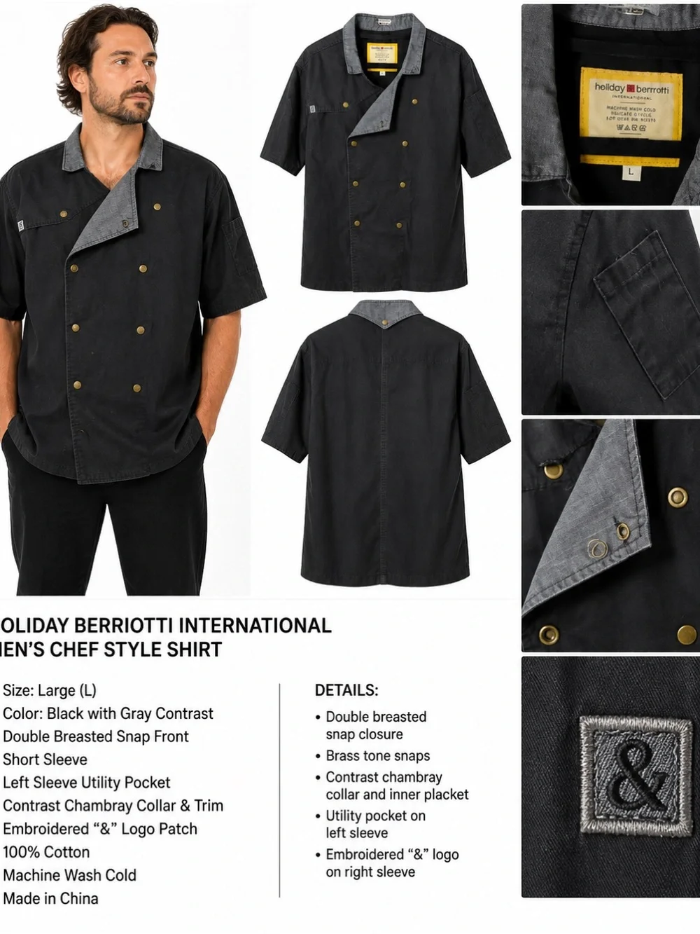 Holiday & Bennett Black Short-Sleeve Chef-Style Shirt Jacket